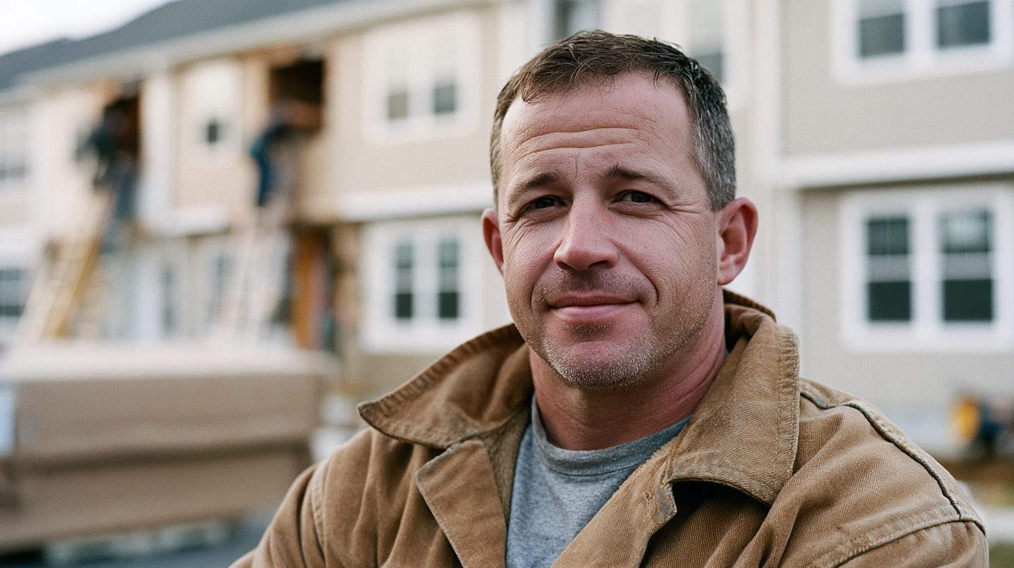 A window contractor on a townhome job site while his crew installs windows behind him
